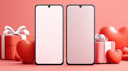 Two modern cellular devices display blank screens surrounded by romantic hearts and wrapped presents against a pink background