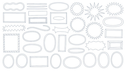 A large collection of hand drawn doodle frames and speech bubbles in various unique outlined shapes