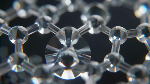 Close-up view of a transparent molecular lattice structure, possibly a carbon nanotube, showcasing intricate atomic bonds and crystalline arrangement.