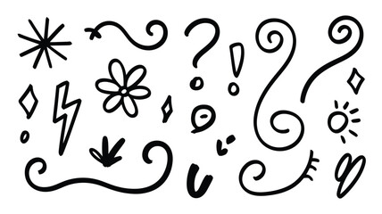 Obraz premium A variety of simple hand drawn black outline doodle elements and symbols on a plain background