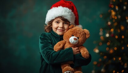 Young child wearing holiday hat embraces a plush toy next to a decorated evergreen tree