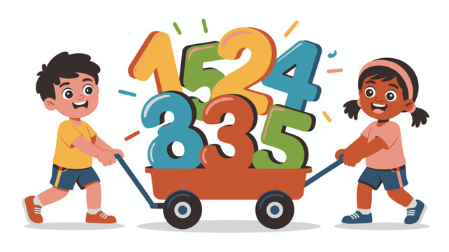 Adorable boy and girl cooperatively pulling a red wagon filled with shiny colorful numbers