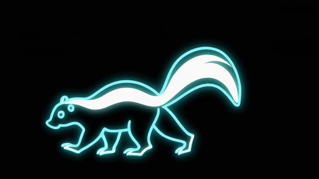 A neon blue outline of a skunk with a white stripe and tail, glowing against a dark background, depicting a stylized graphic animal.