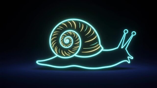 A neon light outline of a snail with a blue body and a yellow spiral shell glowing in the dark.