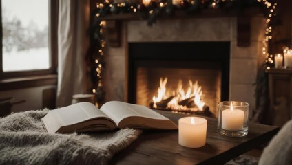 Obraz premium Cozy fireplace scene with candles and an open book, warm atmosphere.