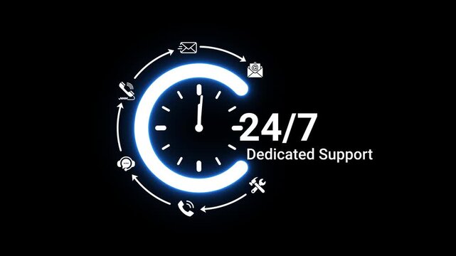 Luminous blue neon clock surrounded by communication symbols and 24/7 dedicated support text on black Keywords: 24/7, support, service, clock, time, round, circular, neon, glow, blue, white