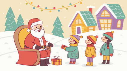 Santa Claus giving gifts to children in a snowy village Christmas illustration for holiday season