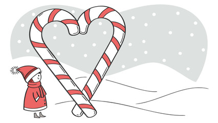 Heart shaped candy canes with a child in winter Christmas holiday illustration for greeting cards an