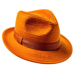 An orange fedora with a brown band sits against a black backdrop