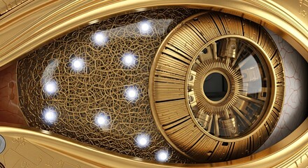 Obraz premium Intricate Golden Mechanical Eye with Detailed Gears and Glowing Fiber Optics Design