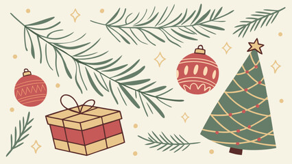Christmas tree gift box and ornaments festive holiday elements hand-drawn illustration for seasonal 