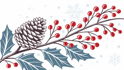 Pine cone and holly berries with snowflakes winter holiday decoration festive graphic element for Ch