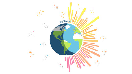 Colorful illustration of the Earth with sun rays and confetti on a white background, celebrating Happy new years