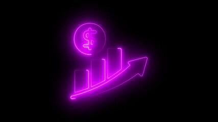 Neon glowing financial growth animation with rising business graph and dollar symbol, futuristic violet data visualization on dark background. - Powered by Adobe