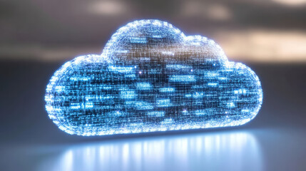 Glowing digital cloud composed of blue data lines and particles, futuristic tech atmosphere