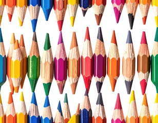 Array of colorful sharpened pencils, arranged in a grid-like pattern