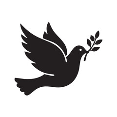 Black silhouette of a flying dove with an olive branch, a universal symbol of peace and hope, vector illustration, isolated on a white background.