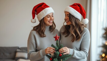 Two smiling women in festive hats decorate a miniature evergreen for the winter holiday