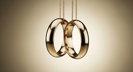 Two golden wedding bands suspended vertically against a soft beige backdrop