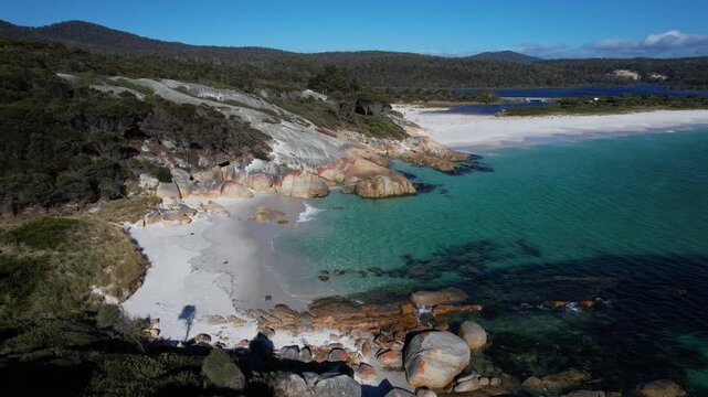 Sloop Rock Lookout And Beaches, Binalong Bay, Tasmania, Australia - Drone Shot