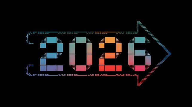 Digital pixelated year 2026 displayed in a colorful arrow pointing forward against a dark background symbolizing future progress and new beginnings - Powered by Adobe