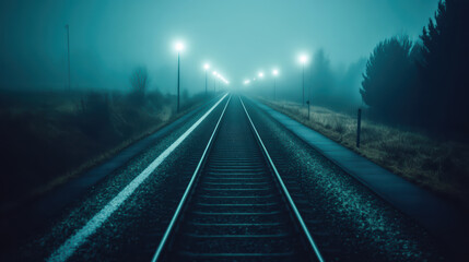 Naklejka premium Foggy railway at night with illuminated lampposts and vanishing perspective