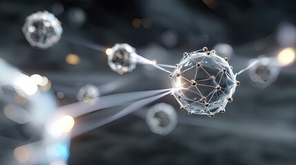 Abstract representation of molecular structures with glowing connections against a dark background displaying technological elements