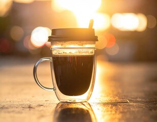 A glass mug of coffee sits in golden sunlight, cityscape blurred behind