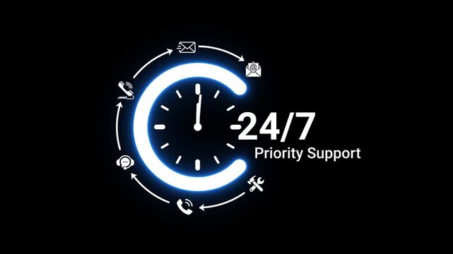 Glowing blue neon clock with surrounding communication and service representing 24/7 priority support on a dark black background with text Keywords: 24/7, support, priority, service, clock, time