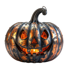 Metallic jack-o'-lantern with glowing eyes and candle, spooky Halloween vibe