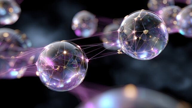 Abstract visualization of interconnected spheres with glowing nodes in a cosmic background showcasing digital connections - Powered by Adobe