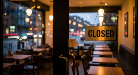 Dimly lit restaurant interior with "Closed" sign on door