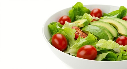 Invigorate your day with a vibrant salad featuring lush greens, juicy tomatoes, and creamy avocado slices. Enjoy freshness.