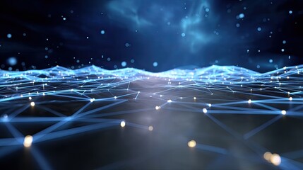 Abstract digital landscape with glowing lines and sparkling lights against a dark starry sky