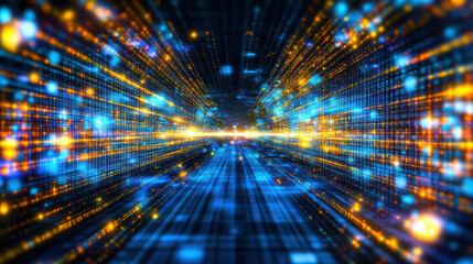 Digital data tunnel with glowing blue and gold lights conveying futuristic e commerce virtual