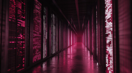 Fototapeta premium Futuristic neon corridor with glowing pink panels and reflective floor creating moody ambience