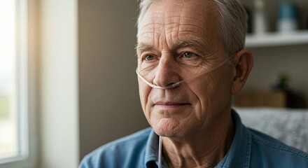 A close-up of a senior man with an oxygen tube in his nose, in a domestic setting, appearing thoughtful and calm.