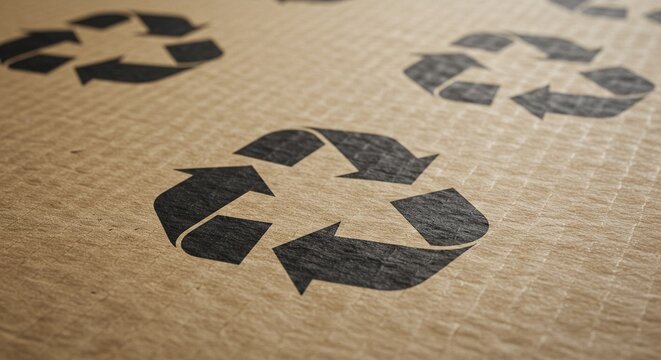 Close-up of recycling symbols printed in black ink on cardboard, signifying environmental consciousness and sustainability.