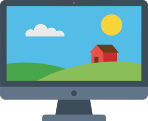 Fototapeta premium Flat Style Desktop Computer Landscape Illustration Scene on Screen Device