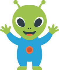 Flat Cartoon Friendly Alien Character with Arms Up in Joy Icon