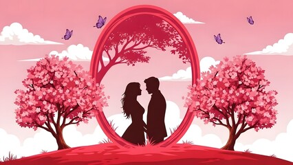 Romantic silhouette of loving couple in blossoming garden