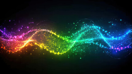 Rainbow neon wave with sparkling particles and fluid motion creating dynamic glowing energy