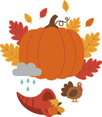 Flat Design Thanksgiving Day Pumpkin Cornucopia Turkey Fall Leaves Composition Icon