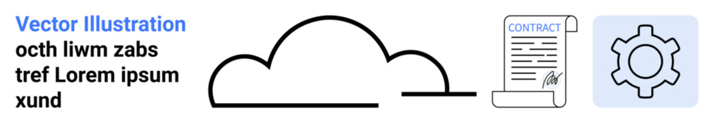Cloud symbol alongside signed contract and gear icon. Ideal for data storage, security, legal agreements, automation, business processes, cloud computing, simple landing page