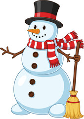 Cartoon Cheerful Snowman with Hat and Scarf Holding Broom Illustration