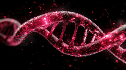 Glowing red DNA double helix with particles and high tech microscopic detail, dramatic mood