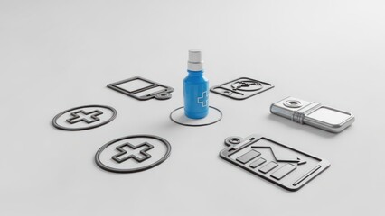 3D render of medical and healthcare icons and objects, on white background
