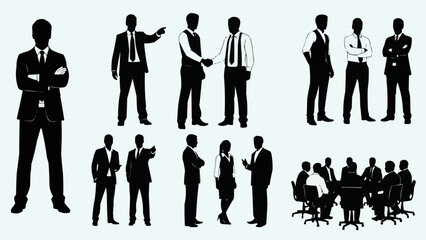 Silhouettes of business people in various poses and situations.