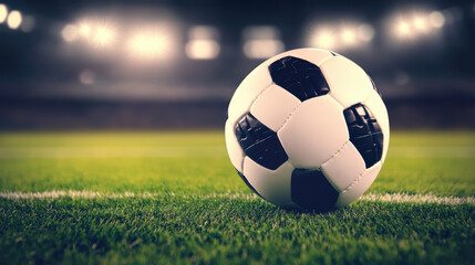Obraz premium Classic black and white soccer ball on grass field under stadium lights, energetic atmosphere