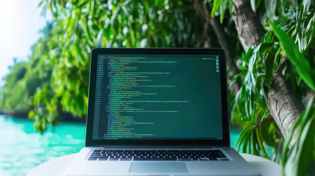 Coding laptop ocean workspace relaxed outdoor view with green foliage - Powered by Adobe